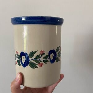 Floral Ceramic Vase with Blue Rim